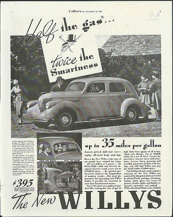 Image for Half the gas - twice the smartness 35 miles per gallon Willys ad 1937