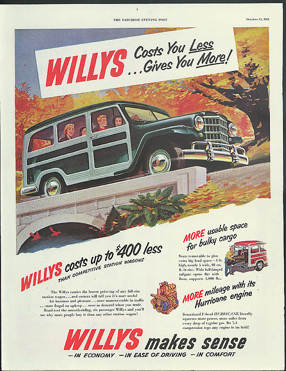 Image for Willys Jeep Station Wagon Costs You Less - Gives You More ad 1951