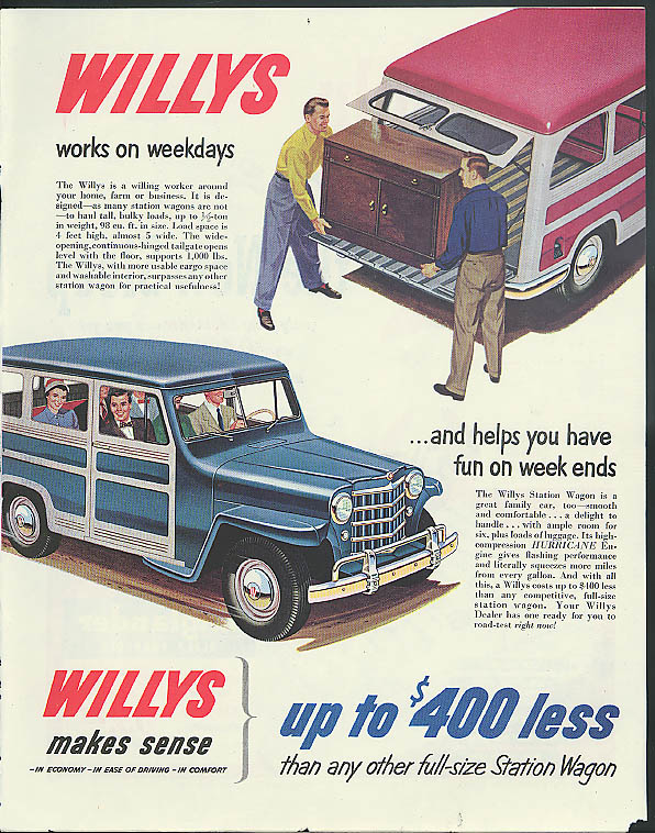Image for Works on weekdays helps have fun on weekends Willys Jeep Station Wagon ad 1951