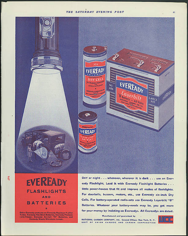Image for Day or night whenever wherever it is dark Eveready Flashlight Battery ad 1931