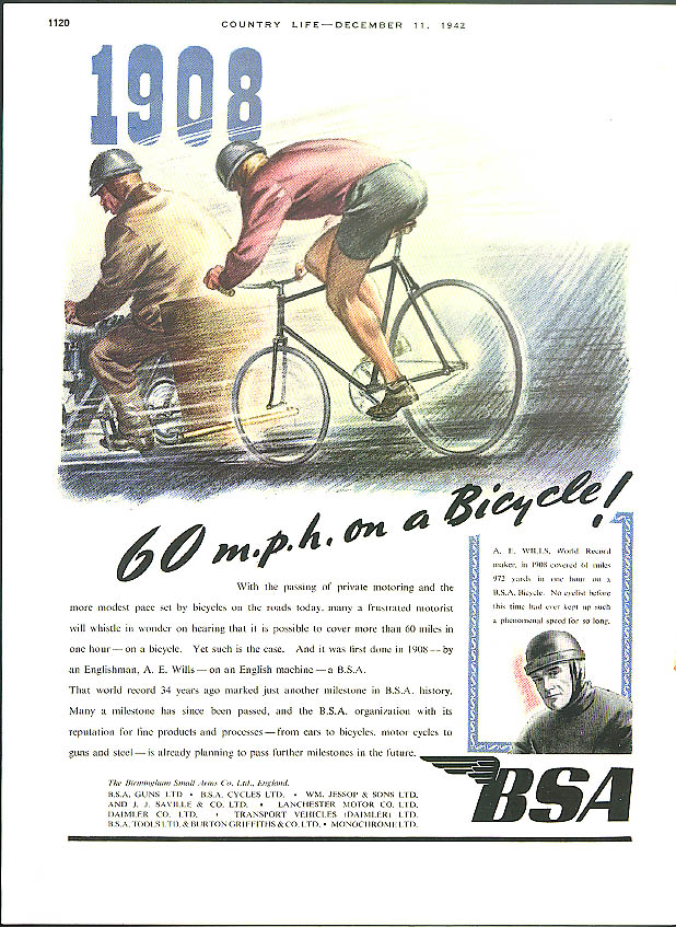 Image for 1908 - 60 mph on a Bicycle! BSA Motorcycle ad 1942