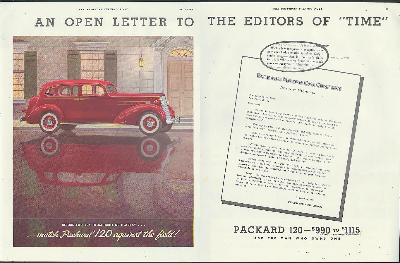 Image for Open Letter to Editors of Time Packard 120 / Caterpillar Diesel Tractor ad 1936