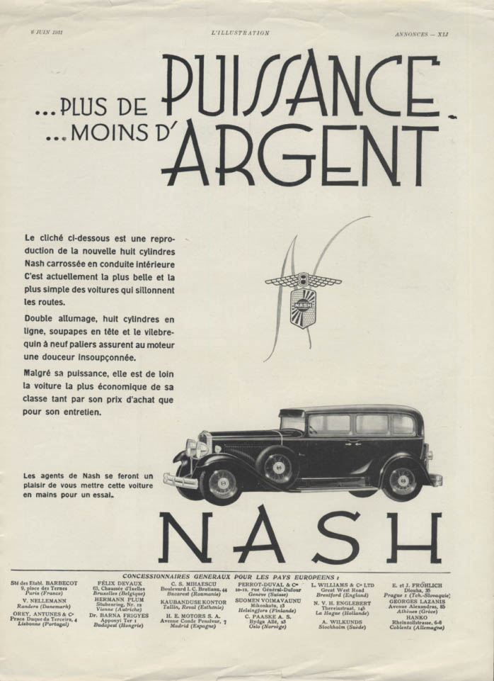 Image for Plus de Puissance moins d'Argent Nash Eight ad in French 1931