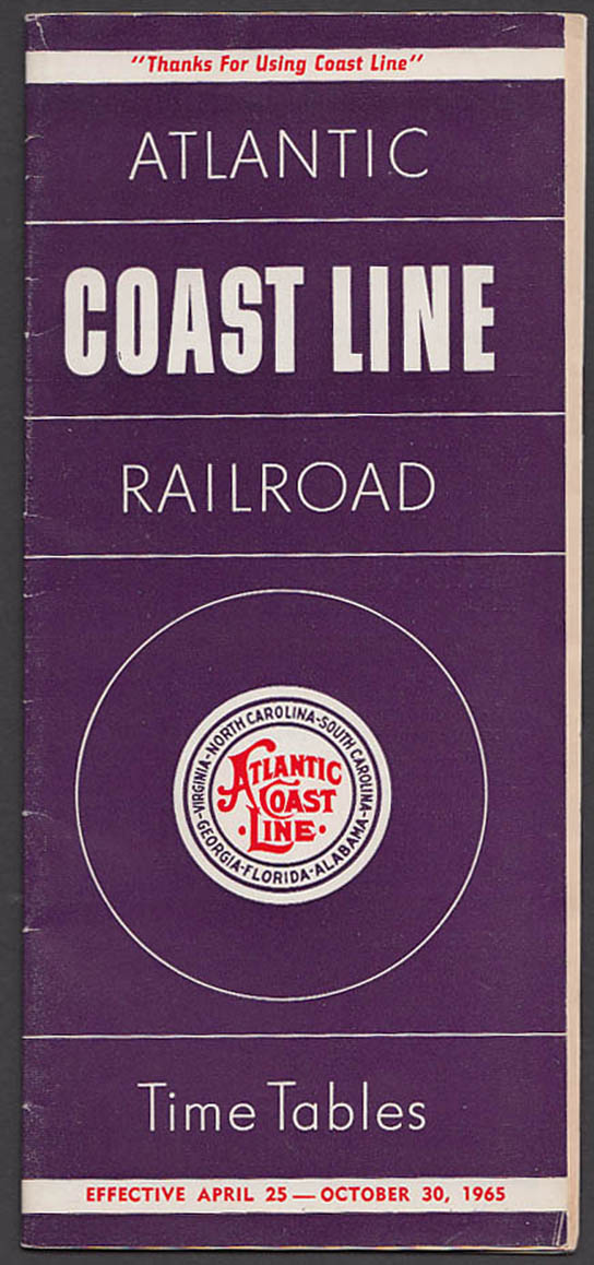Image for Atlantic Coast Line RR Time Tables 4/25/65
