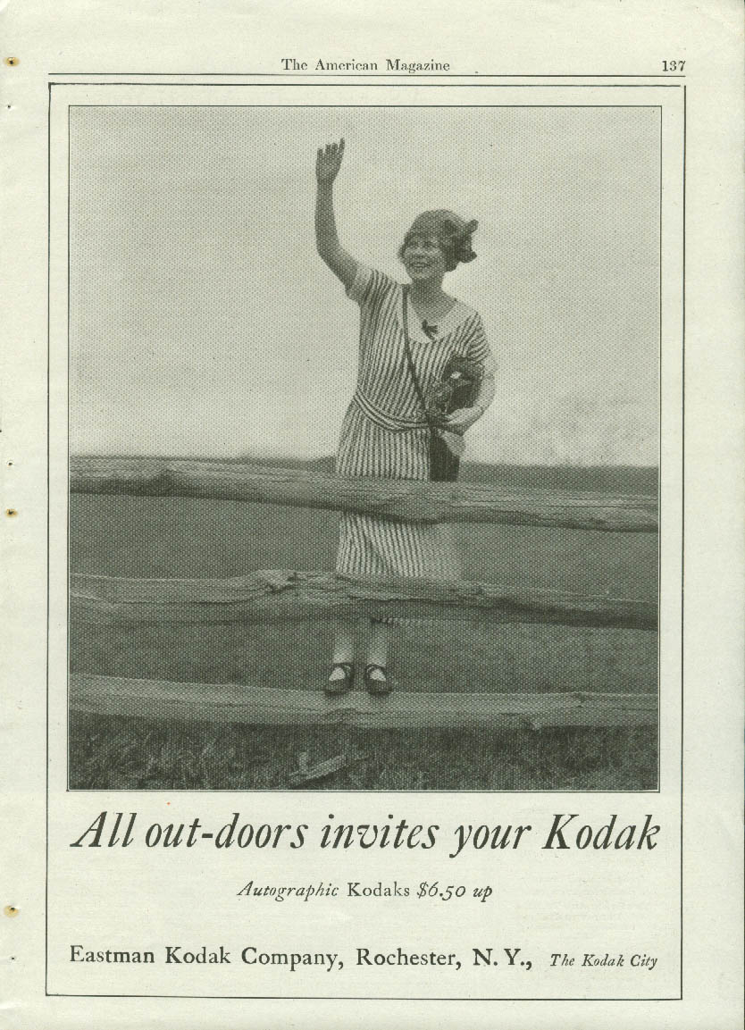 Image for All out-doors invites your Kodak ad 1923 girl on split-rail fence