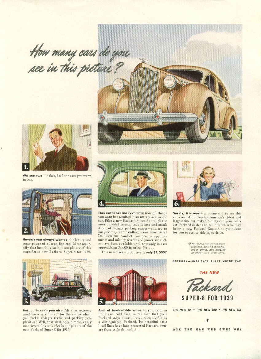 Image for How many cars do you see in this picture? Packard Super-8 ad 1939