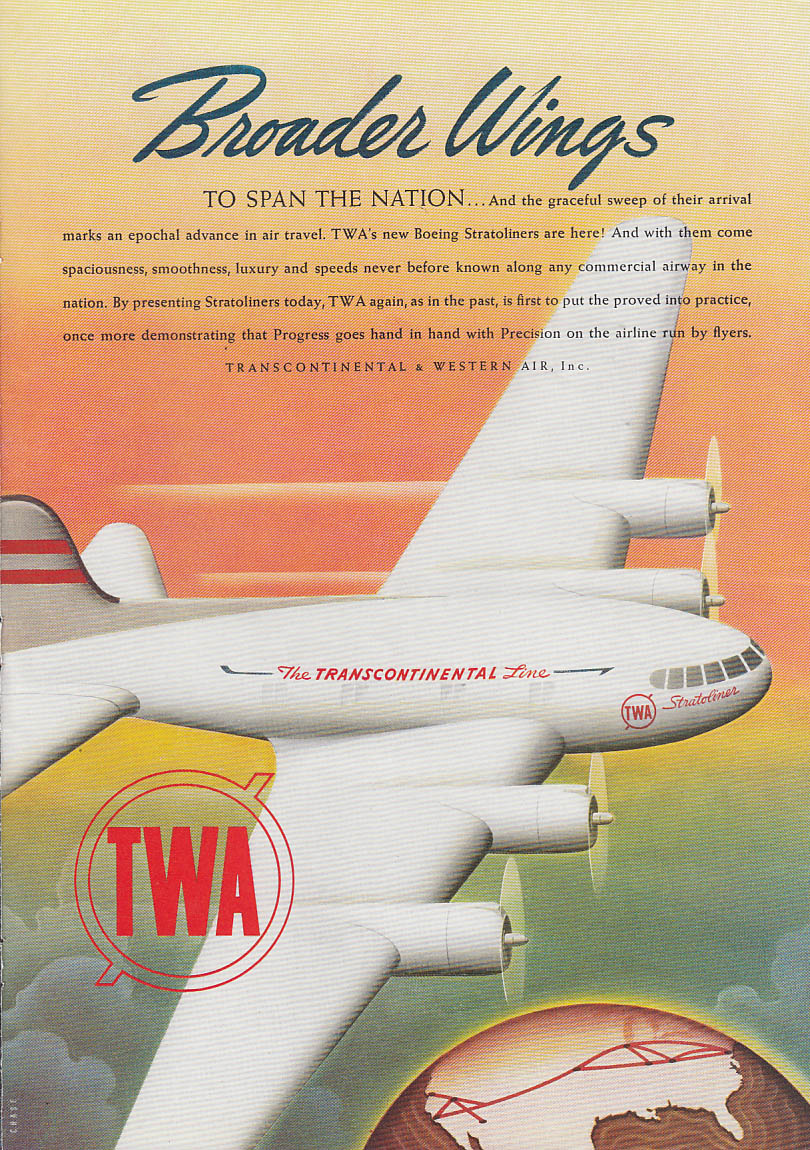 Image for Broader Wings TWA Stratoliner / Texaco Aviation Fuel ad 1940 T