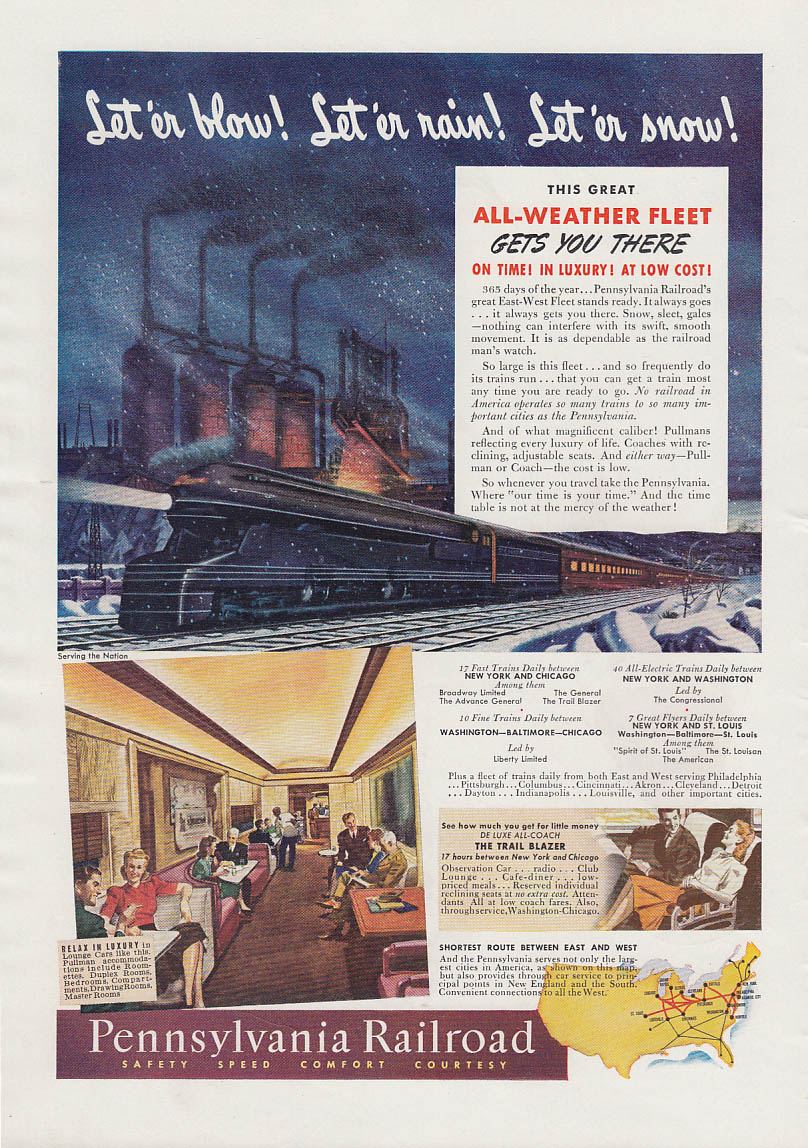 Image for Let 'er blow - rain - snow! Pennsylvania Railroad All-Weather Fleet ad 1941 T