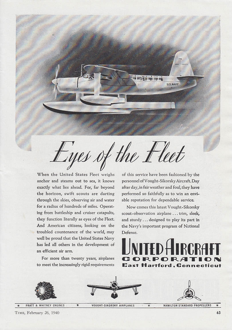Image for Eyes of the Fleet Vought-Sikorsky OS2U Seaplane United Aircraft ad 1940 T