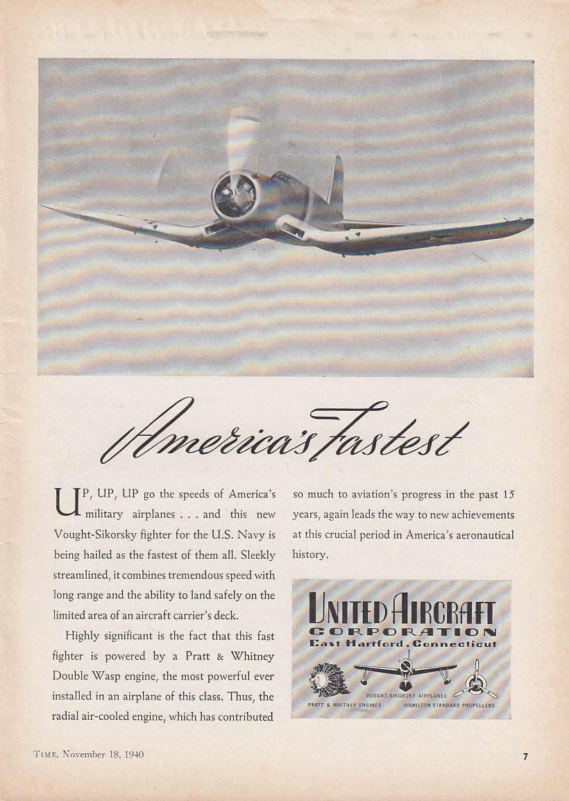 Image for America's Fastest United Aircraft Vought-Sikorsky F4U Fighter ad 1940 T