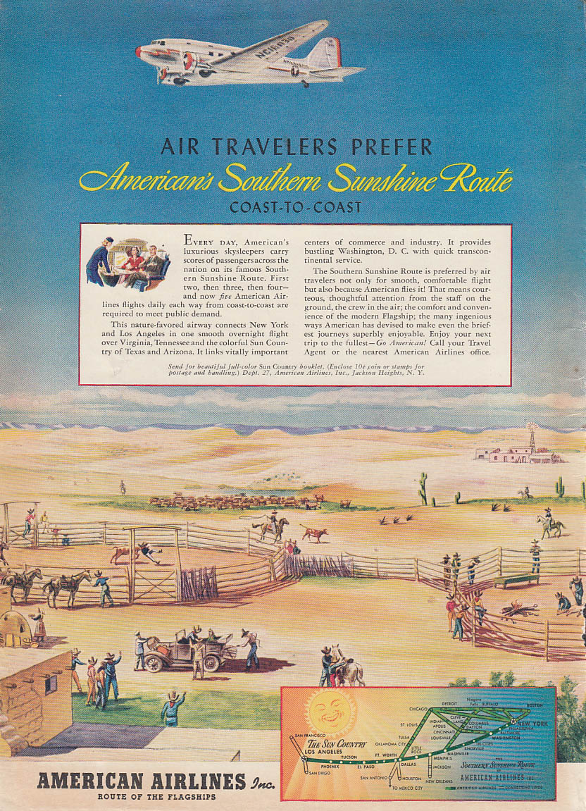 Image for Air Travelers Prefer American Airlines Southern Sunshine Route DC-3 ad 1940 T