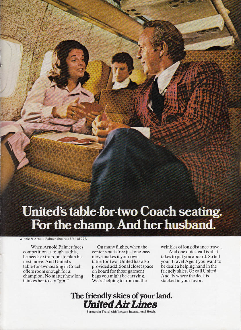 Image for Table-for-two seating for Arnold & Winnie Palmer United Air Lines ad 1973 NY
