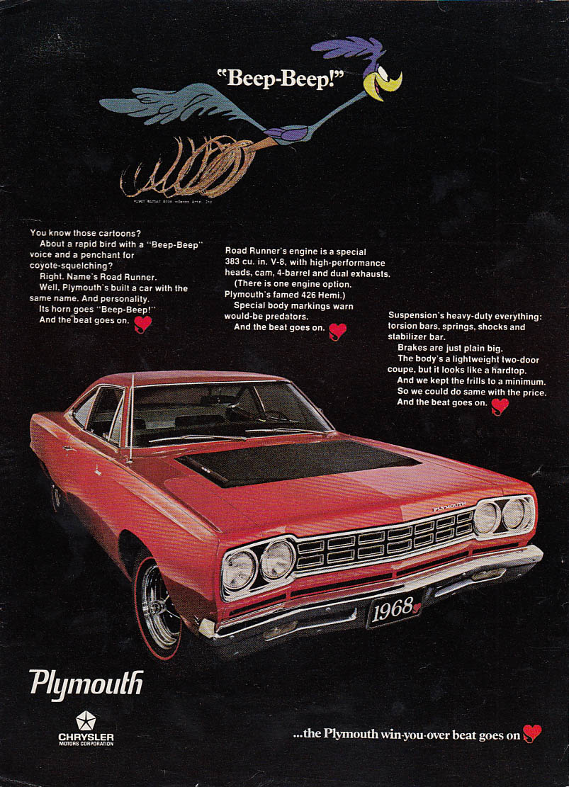 Image for Beep-Beep! You know those cartoons? Plymouth Road Runner ad 1968