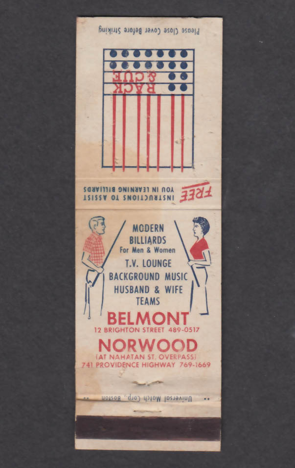 Rack & Cue Billiards Pool Hall Belmont Norwood MA matchcover