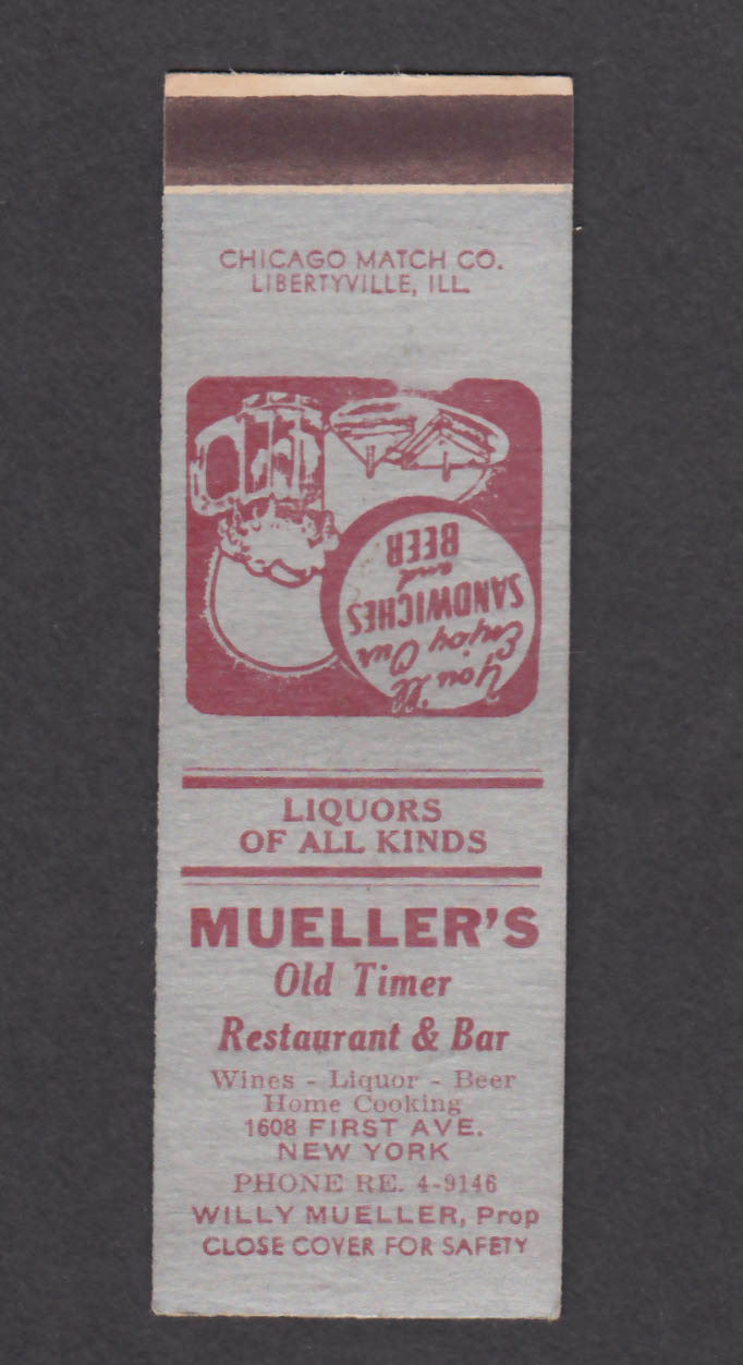 Image for Mueller's Old Timer Restaurant & Bar 1608 First Ave New York NY matchcover