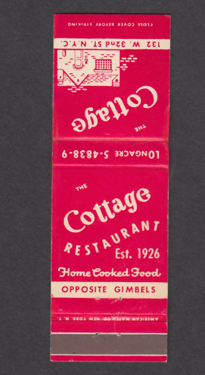 Image for Cottage Restaurant 132 W 32nd St New York NY matchcover