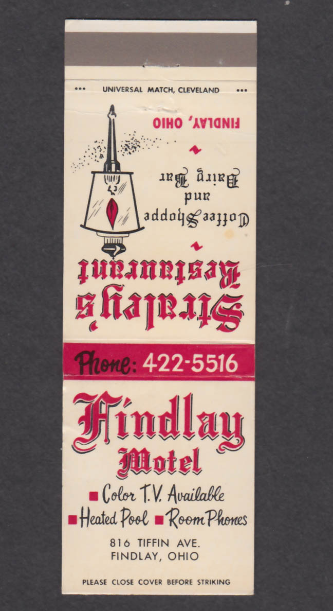 Image for Straley's Restaurant Findlay Motel 816 Tiffin Ave Findlay OH matchcover
