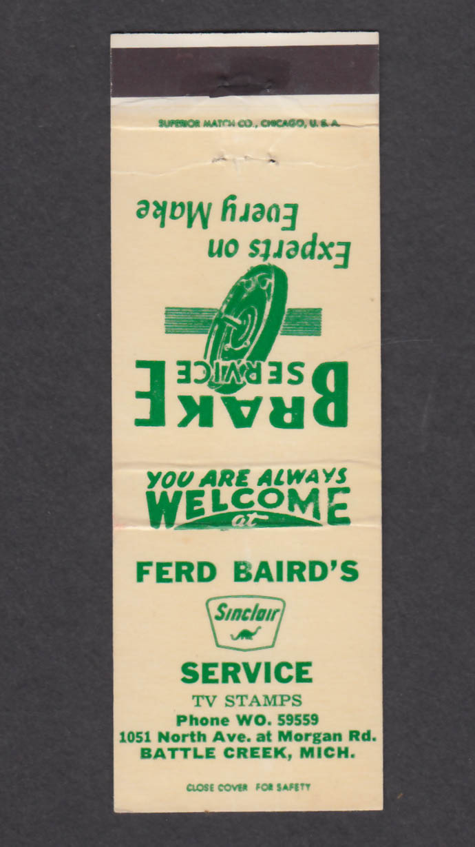 Image for Ferd Baird's Sinclair Service 1051 North Ave Battle Creek MI matchcover