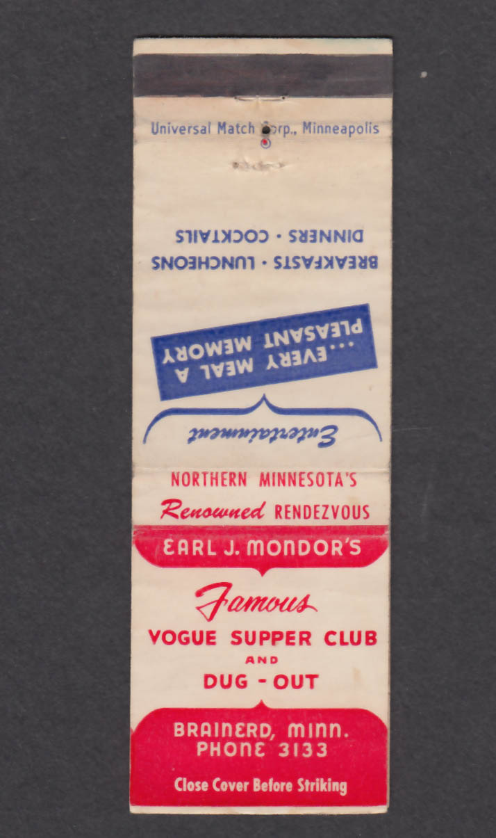 Image for Earl J Mondor's Famous Vogue Supper Club Brainerd MN matchcover