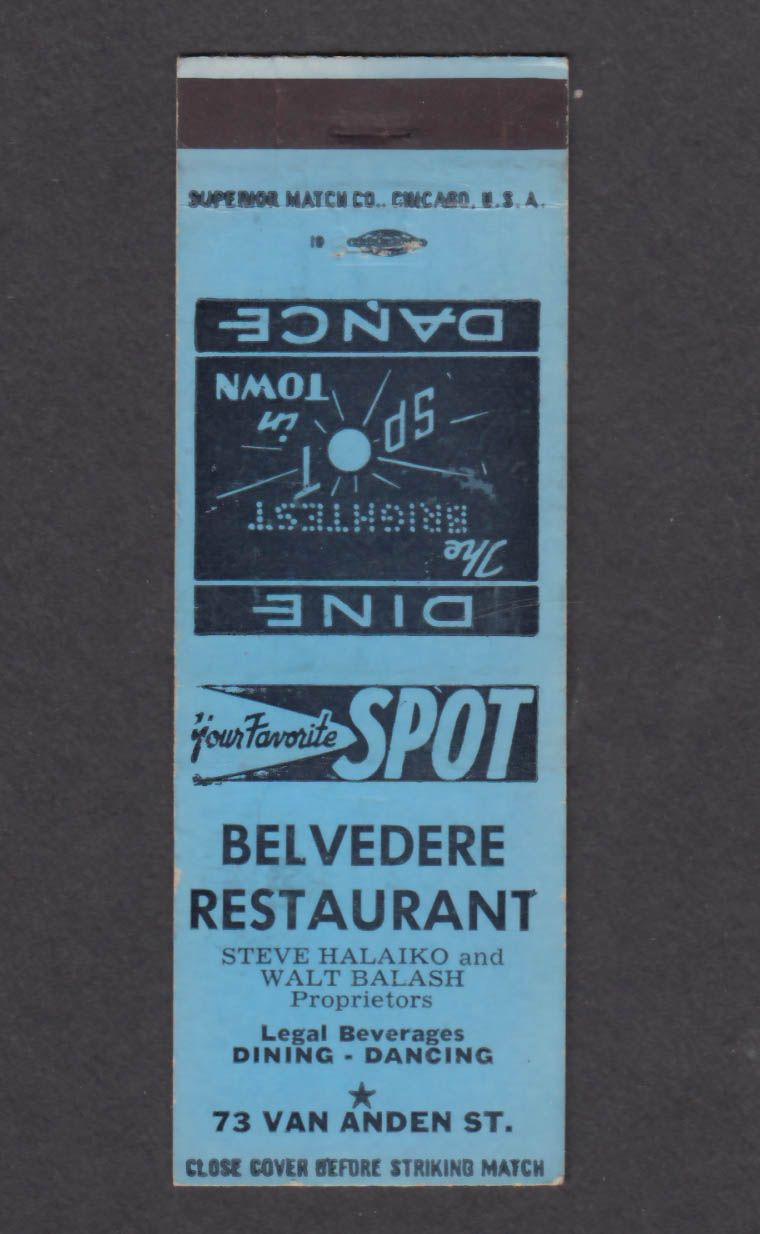 Image for Belvedere Restaurant 73 Van Anden St Auburn NY matchcover Steve Halaiko