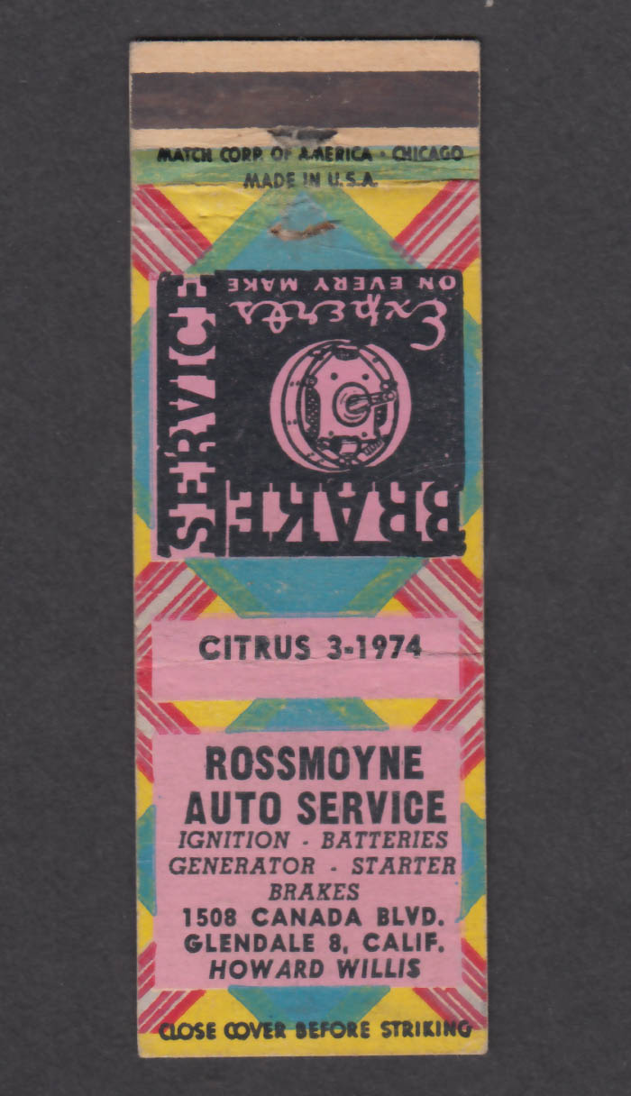 Image for Rossmoyne Auto Service 1508 Canada Blvd Glendale CA matchcover