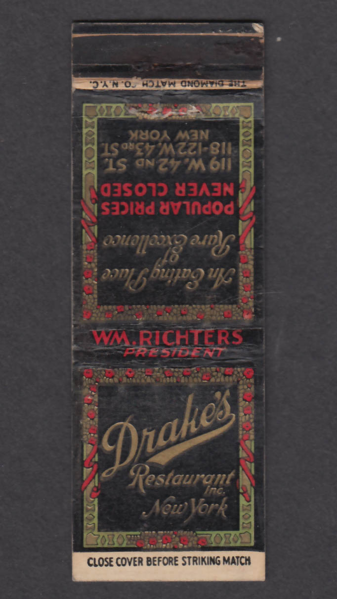 Image for Drake's Restaurant Inc New York NY matchcover