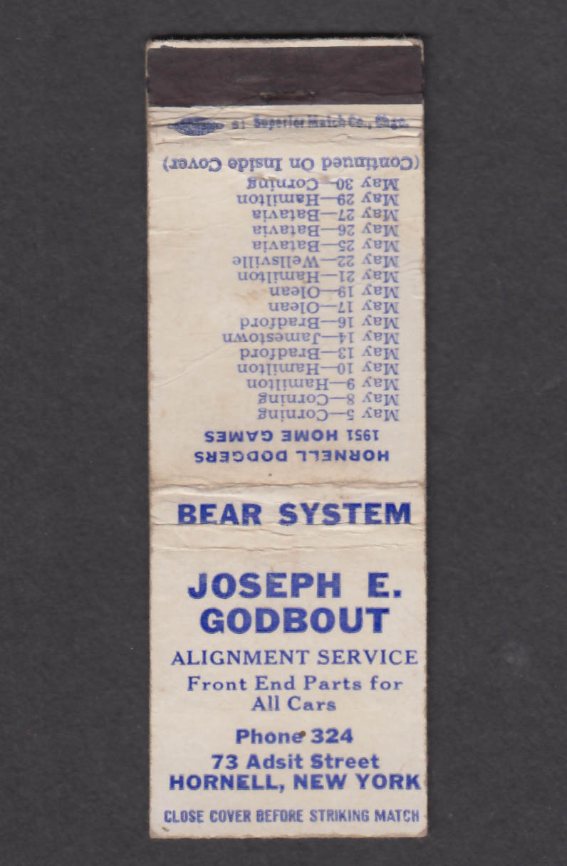 Image for Joseph E Godbout 73 Adsit St Hornell NY Bear System matchcover