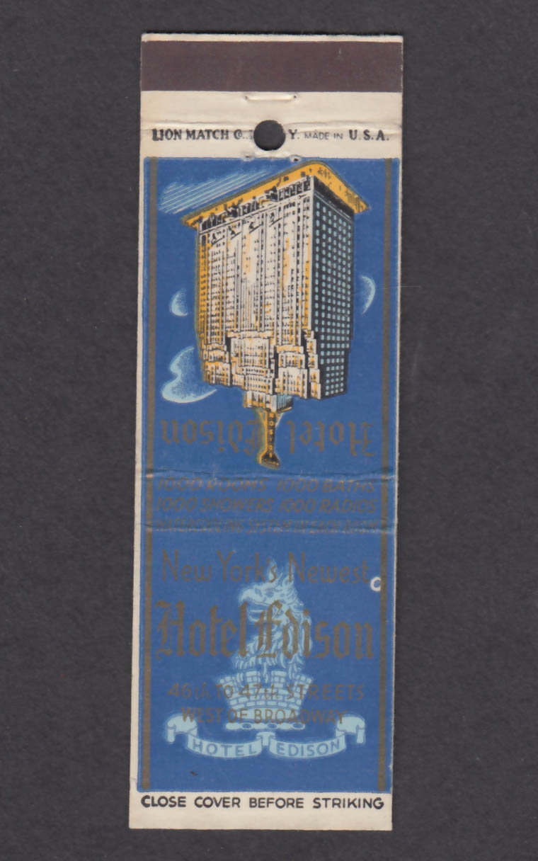 Image for Hotel Edison 46th 47th Broadway New York NY matchcover