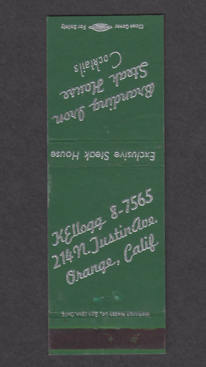 Image for Branding Iron Steak House 214 N Justin Ave Orange CA matchcover