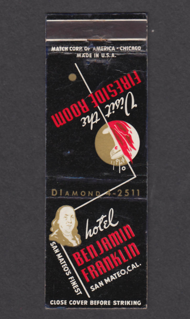 Image for Fireside Room Hotel Benjamin Franklin San Mateo CA matchcover