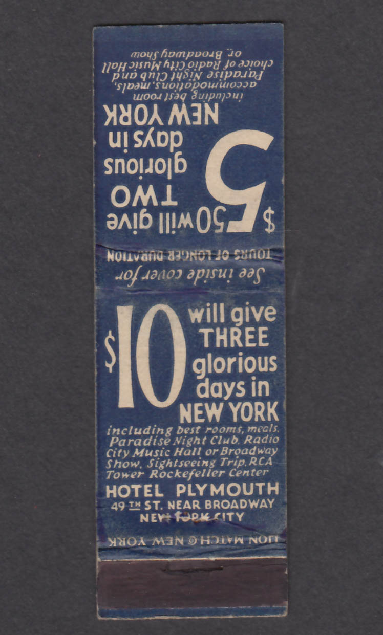 Image for Hotel Plymouth 49th St New York City NY matchcover