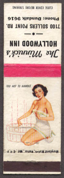 Image for Too Hot to Handle pin-up matchcover Minnick's Hollywood Inn Baltimore