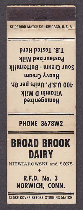 Image for Broad Brook Dairy Norwich CT matchcover Niewiarowski & Sons