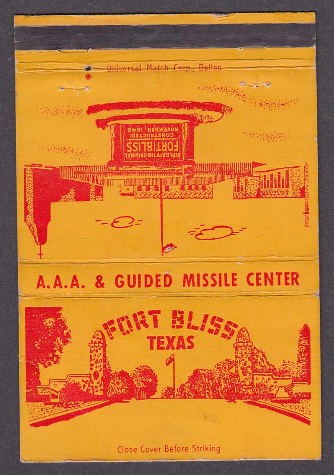Image for Fort Bliss TX AAA & Guided Missile Center PX matchcover