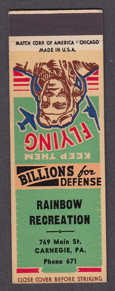 Image for Rainbow Recreation 769 Main St Carnegie PA Defense Bonds matchcover proof