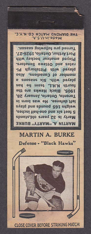 Image for Chicago Black Hawks defense hockey player Martin A Burke matchcover