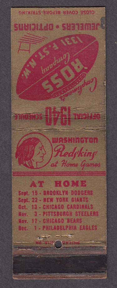 Image for Washington Redskins 1940 Schedule Bill Young Guard U of Alabama matchcover