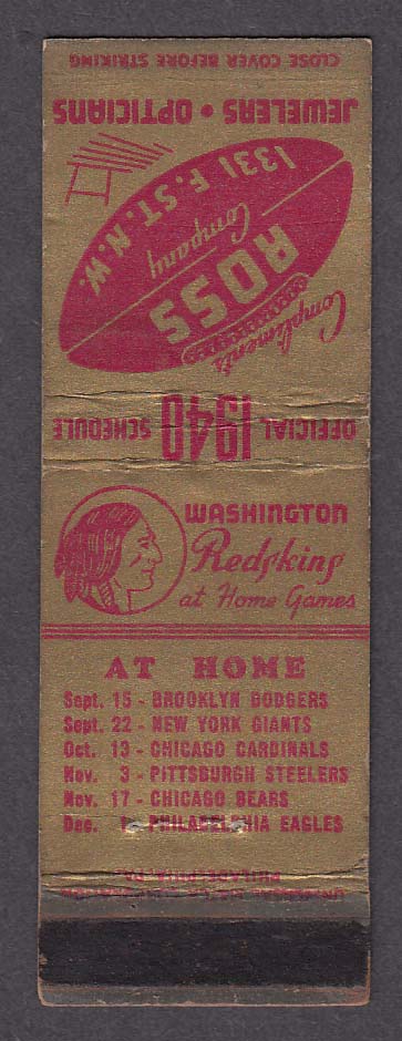 Image for Washington Redskins 1940 Schedule Charlie Malone End Texas A & M matchcover