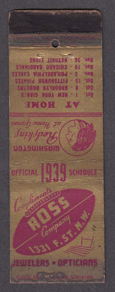 Image for Washington Redskins 1939 Schedule Don Irwin Full Back Colgate matchcover