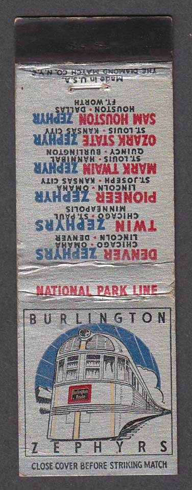 Image for Burlington Zephyrs National Park Line blue matchcover