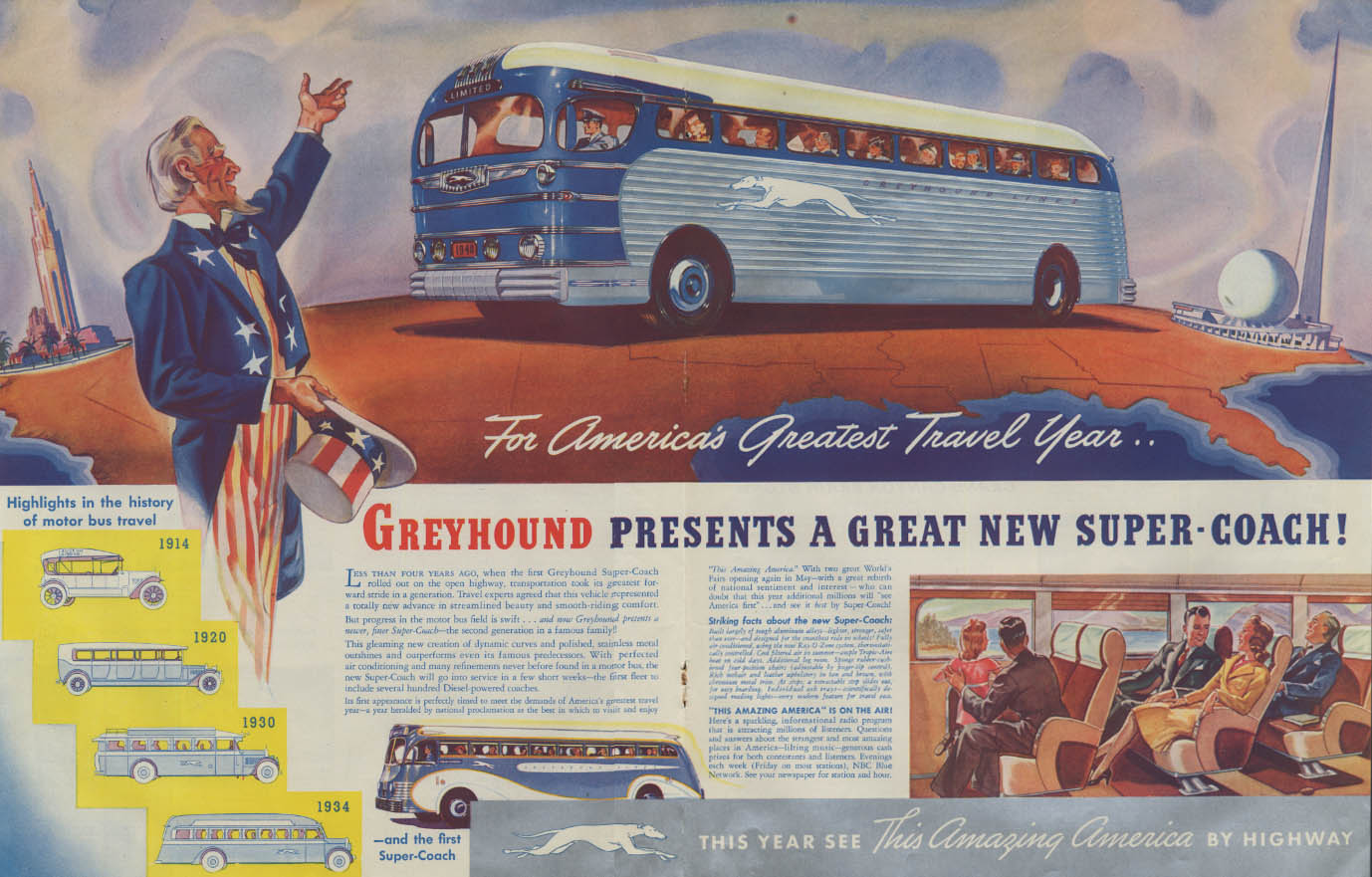 Image for Greyhound presents a great new Super-Coach Bus ad 1940 New York World's Fair