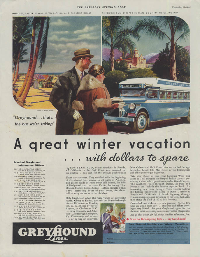 Image for A great winter vacation with dollars to spare Greyhound Bus ad 1933 SEP