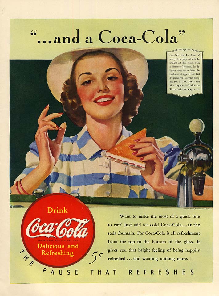 Image for "and a Coca-Cola" ad 1940 Girl at soda fountain by Sundblom L