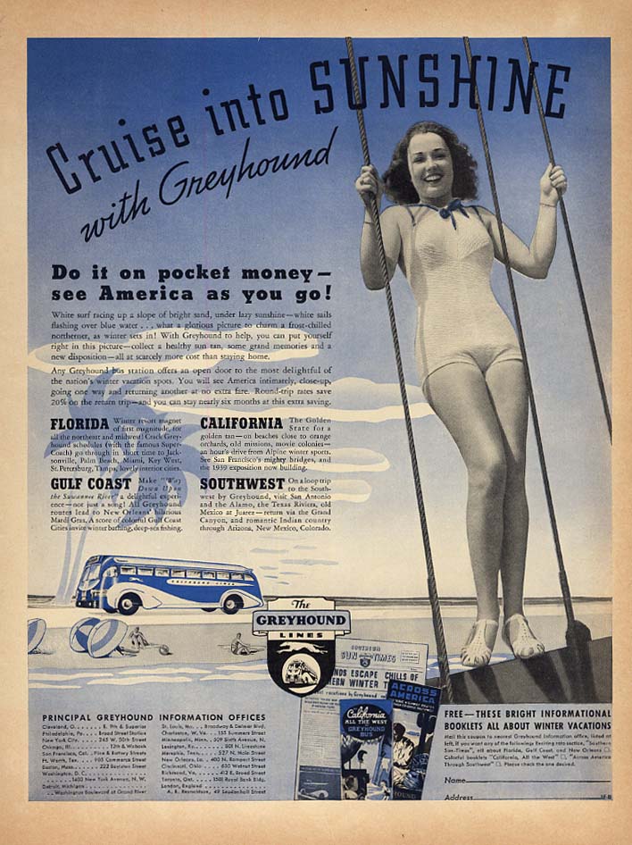 Image for Cruise into sunshine with Greyhound Bus ad 1937 girl in a swimsuit L