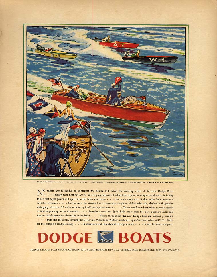 Image for No expert eye needed to appreciate Dodge 16-foot Runabout speedboat ad 1930 F