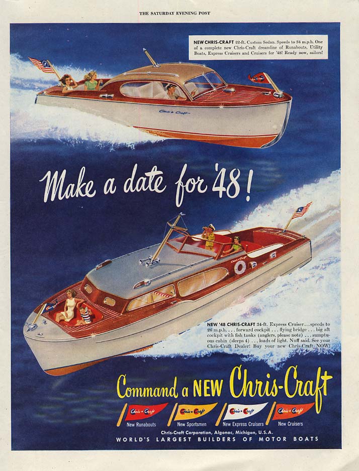 Image for Make a date for '48! Chris-Craft Custom & Express Cruiser speedboat ad 1948