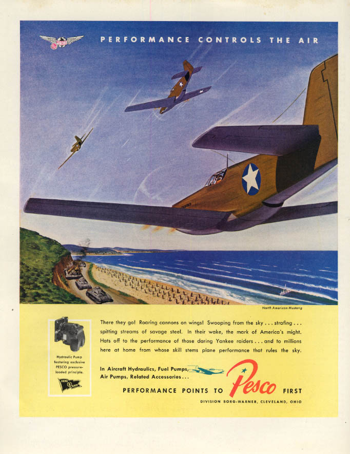 Image for North American P-51 Mustang strafing enemy tank convoy Pesca Aviation ad 1943 F