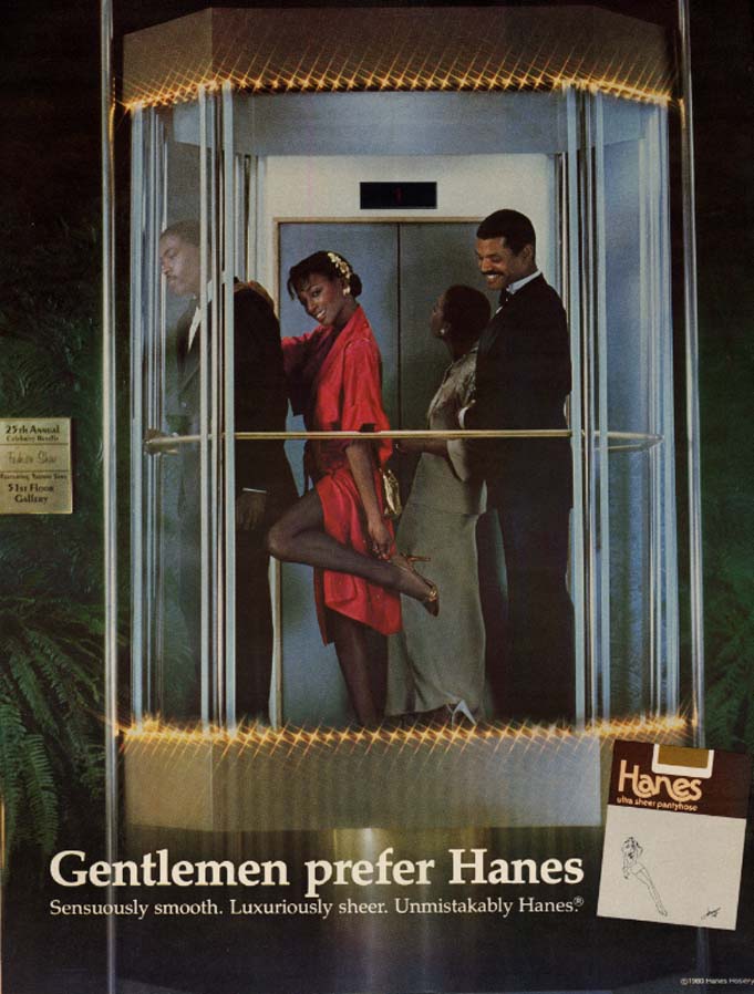 Image for Gentlemen prefer Hanes Pantyhose ad 1981 1982 black couple in elevator EB