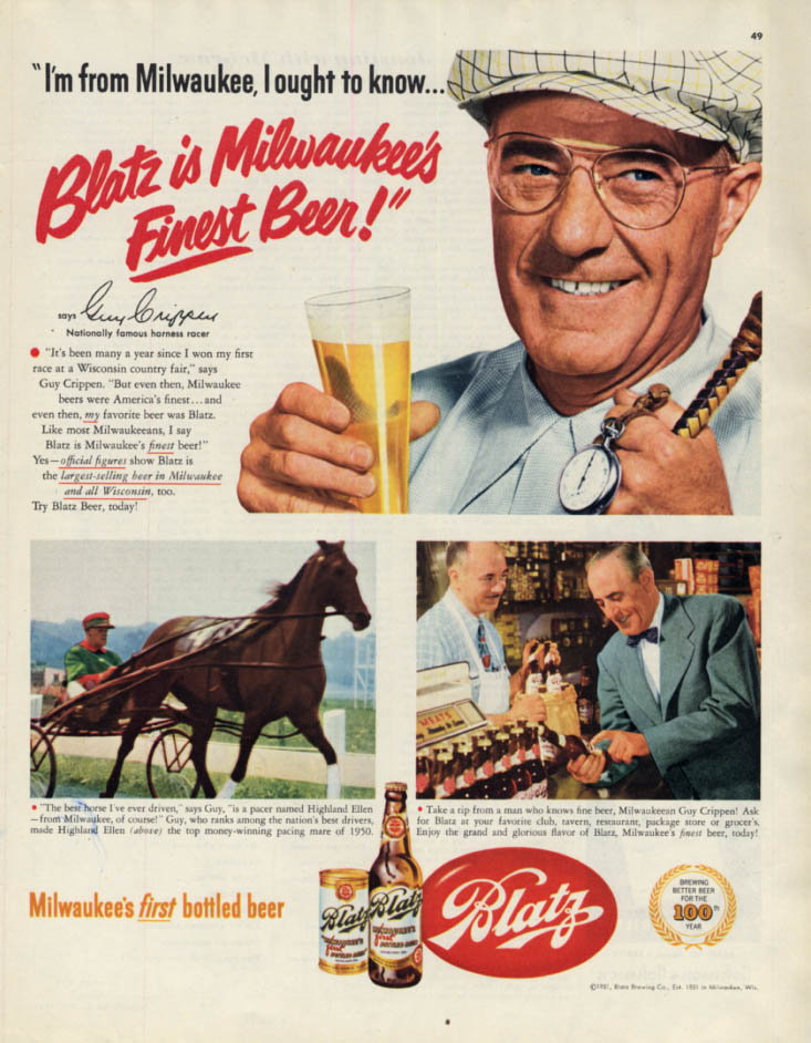 Image for Harness racing driver Guy Crippen says Blatz is Milwaukee's Finest Beer ad 1951