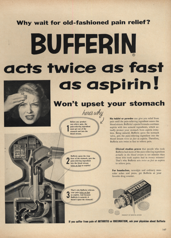 Image for Bufferin works twice as fast as aspirin! Ad 1953 L